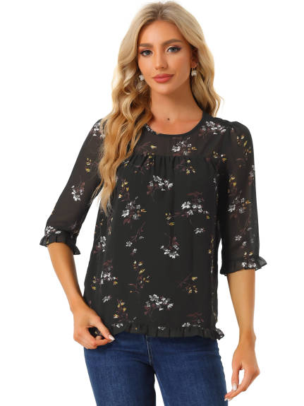 Allegra K- Floral Ruffled 3/4 Sleeve Blouses