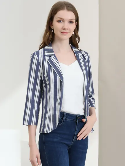 Allegra K- Casual Striped 3/4 Sleeves Open Front Notched Lapel Blazer