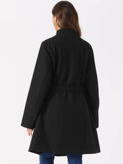 Allegra K - Stand Collar Belted Winter Coat