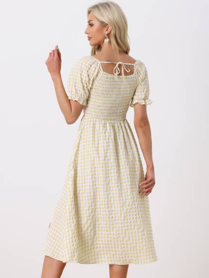 Allegra K- Midi Smocked Front Tie Back Checks Gingham Dress