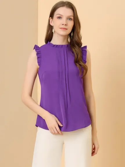 Allegra K- Ruffled Mandarin Collar Sleeveless Pleated Blouse