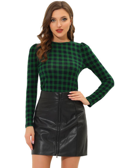 Allegra K- Puff Sleeve Knit Plaid Pullover Top