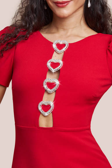 Goddiva - Diamante Embellished Heart Brooch Scuba Maxi Dress