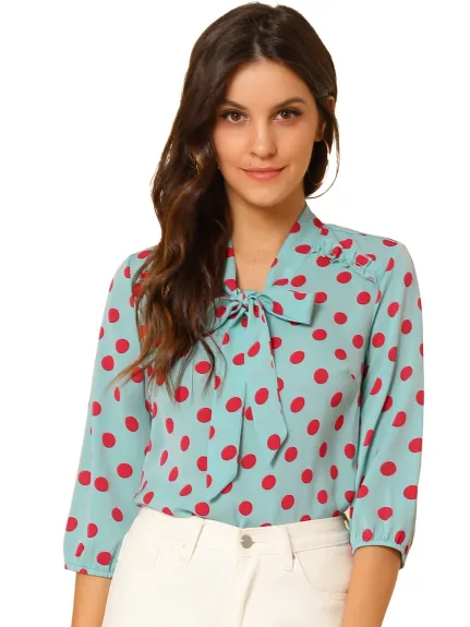 Allegra K- Polka Dots Ruffle Shoulder Bow Tie Neck Blouse