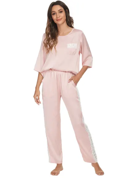 cheibear - Lace 3/4 Sleeves Lounge with Pants Pajama Set