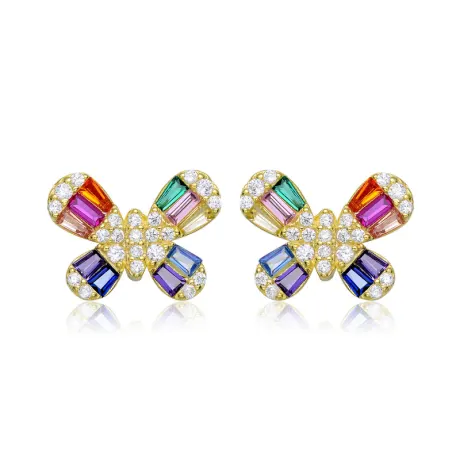 Genevive Sterling Silver with Colored Baguette Cubic Zirconia Butterfly Stud Earrings