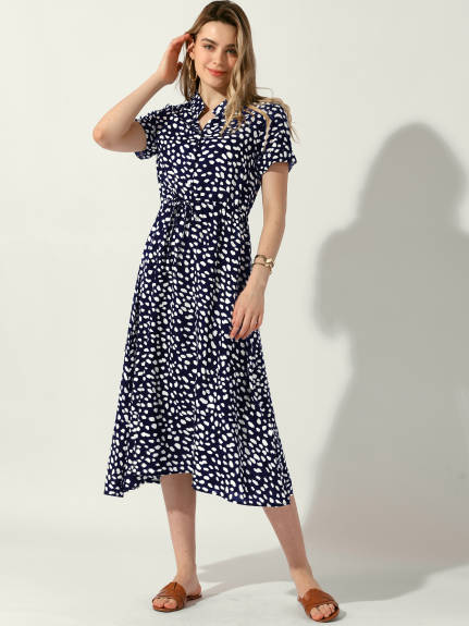 Allegra K- Floral V-Neck Short Sleeve Midi Dress