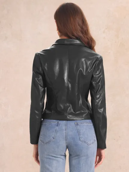 Allegra K - Faux Leather Motorcycle Cropped Jacket