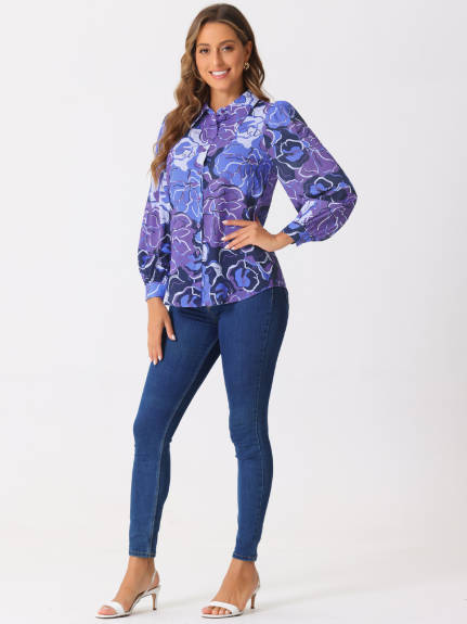 Allegra K - Floral Print Long Puff Sleeve Shirt