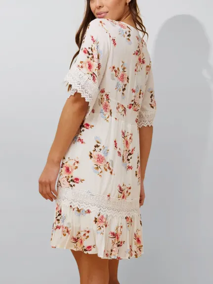 Annick - Sara Short Dress Floral Print Embroidered White