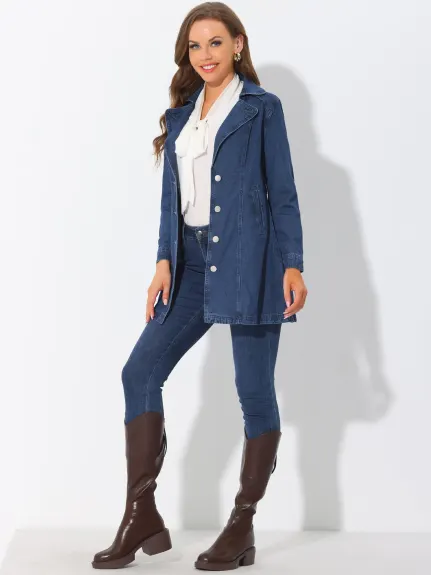 Allegra K- Notched Lapel Button Belted Long Denim Jacket