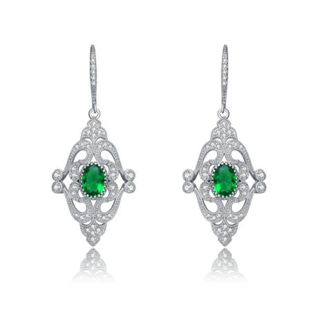 Genevive Sterling Silver White Gold Plating with Oval and Round Emerald Green Cubic Zirconia Leverback Earrings