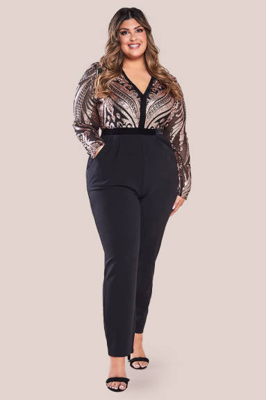 Goddiva  - Deep V Neck Sequin Jumpsuit - plus size