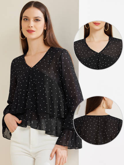 Allegra K - Polka Dots Ruffle Hem Long Sleeve Blouse