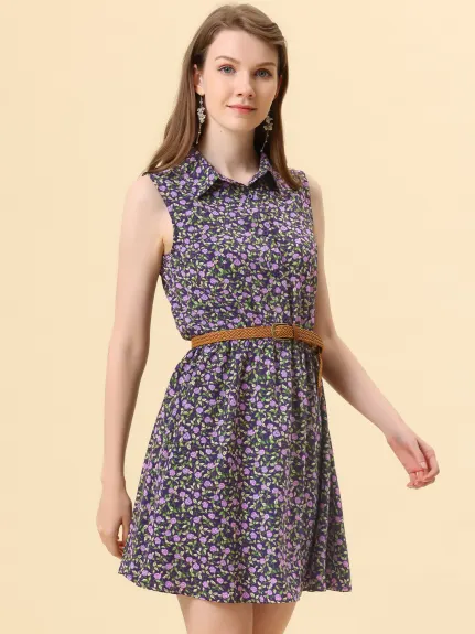 Allegra K- Printed Half Placket Sleeveless Belted Dress