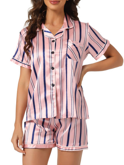 cheibear - Floral Button Down Shirt and Shorts Satin Sleepwear