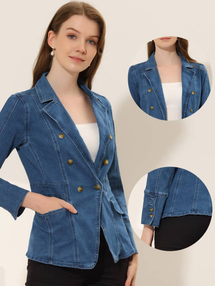 Allegra K- Notched Lapel Button Denim Jacket with Pockets