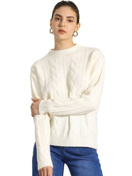 Allegra K - Long Sleeve Cable Knit Crewneck Sweater