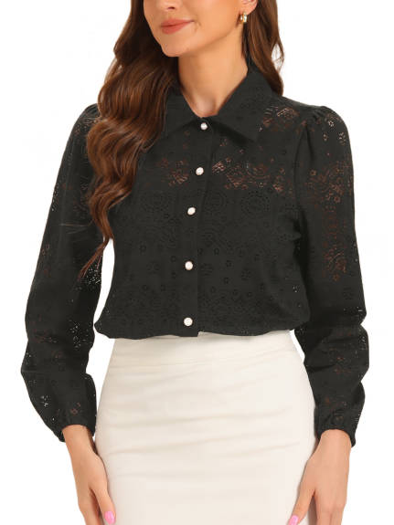 Allegra K - Elegant Eyelet Lace Puff Long Sleeve Shirt