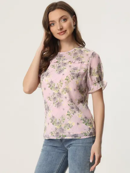 Allegra K- Chiffon Ruffled Trim Floral Blouse