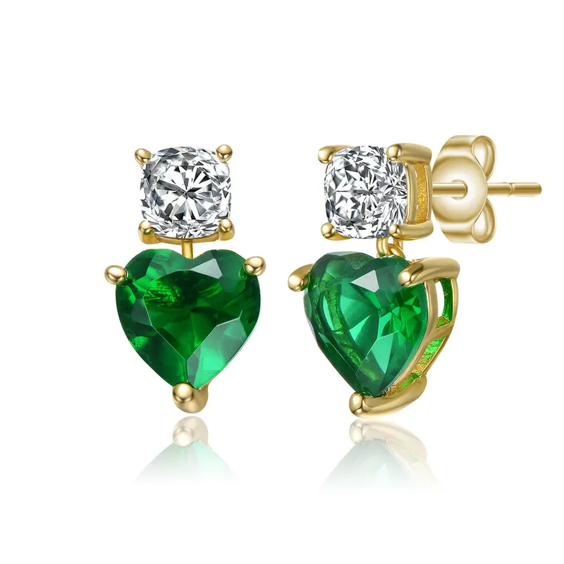 Genevive Sterling Silver 14k Gold Plated with Colored Cubic Zirconia Two-Stone Heart Earrings