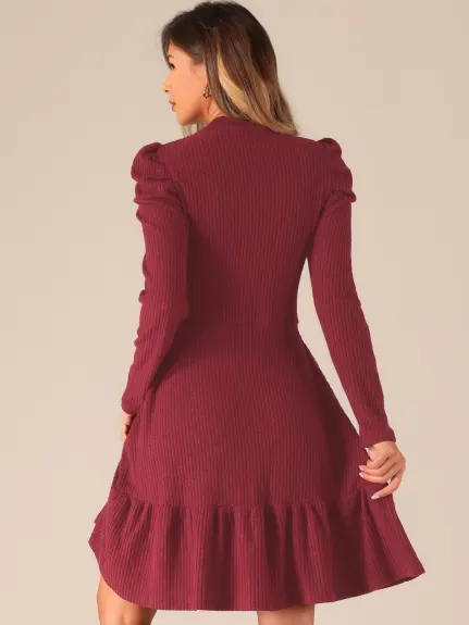 Allegra K - Crew Collar Stretchy Puff Long Sleeve Knit Dress