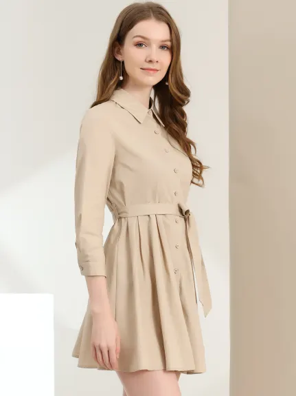 Allegra K- Point Neck Button Up 3/4 Sleeve Belted Shirt Dress