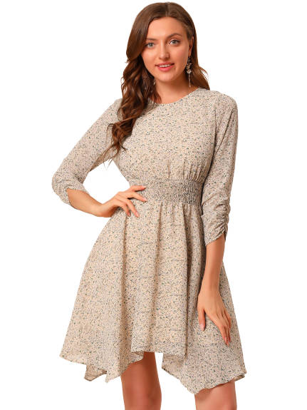 Allegra K- Floral Shirred 3/4 Sleeve Asymmetrical Hem Smocked Dress