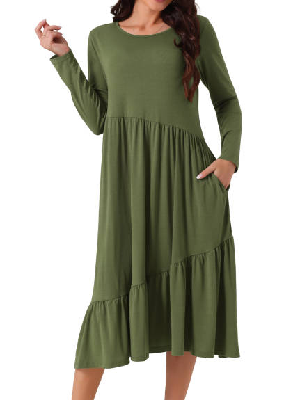 Allegra K - Long Sleeve Pleated Tiered Swing Dress