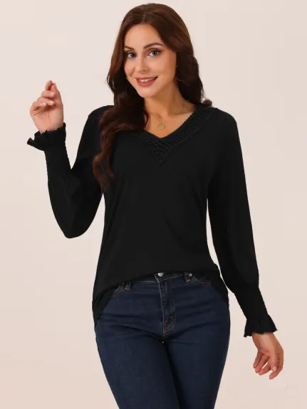 Allegra K - V Neck Long Sleeve Casual Tops