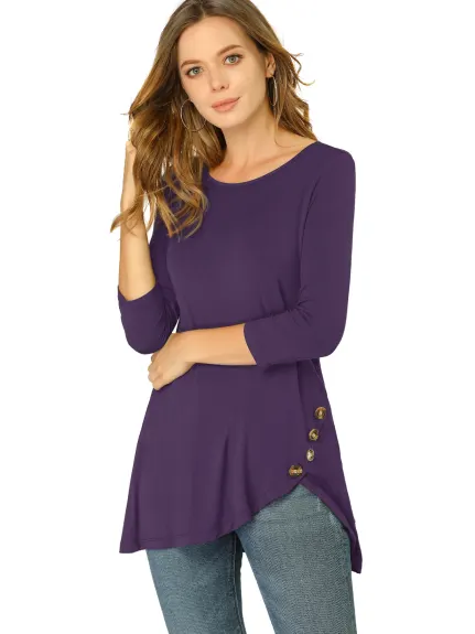 Allegra K- 3/4 Sleeve Tunic Asymmetry Button Top