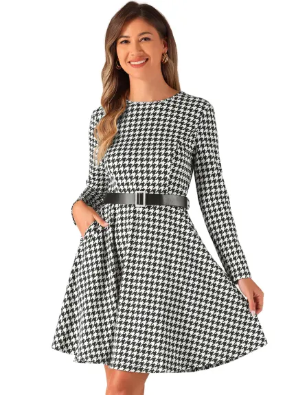 INSPIRE CHIC - Houndstooth Plaid Long Sleeve A-Line Dress