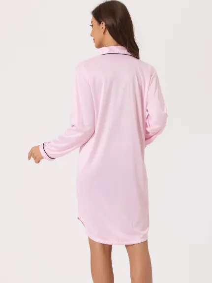 cheibear - Satin Button Down Long Sleeve Shirt Nightgown