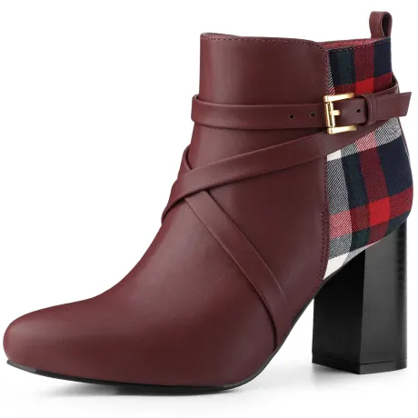 Allegra K - Plaid Color Block Crisscross Strap Ankle Boots