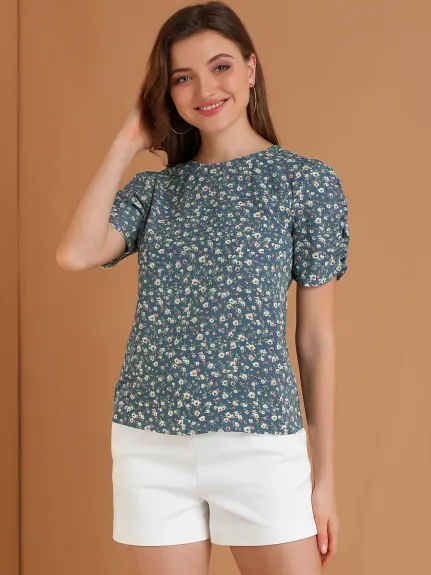 Allegra K- Floral Crew Neck Shirred Short Sleeve Blouse