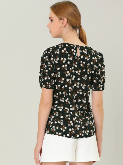 Allegra K- Floral Crew Neck Shirred Short Sleeve Blouse