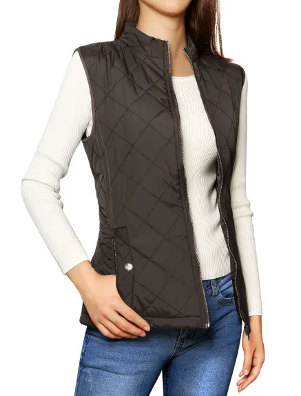 Allegra K- Stand Collar Lightweight Gilet Quilted Zip Vest