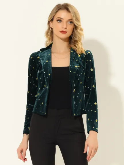 Allegra K- 1 Button Velvet Blazer Lapel Crop Suit Jacket