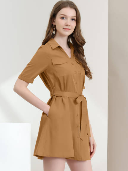 Allegra K- Turndown Collar Belted Shirt Dress with Pockets