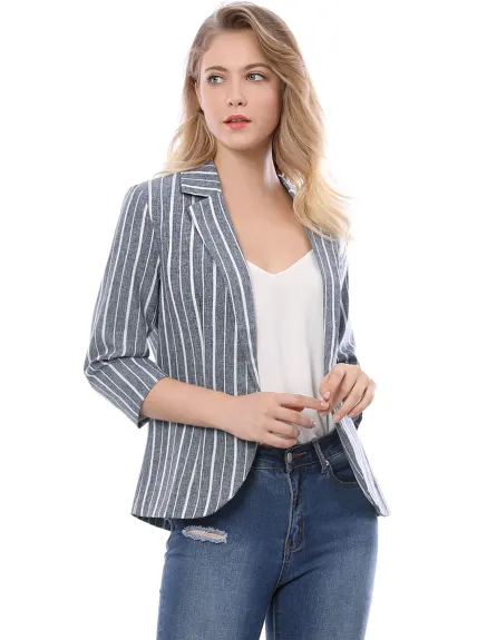 Allegra K- Casual Striped 3/4 Sleeves Open Front Notched Lapel Blazer