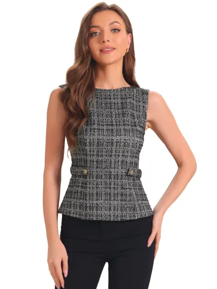 Allegra K - Tweed Plaid Sleeveless Work Blazer Vest