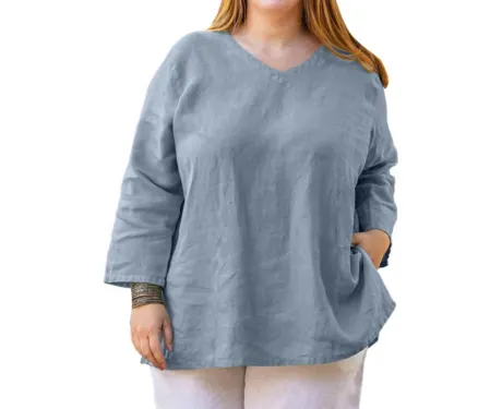 On The Plus Side - Linen 3/4 Sleeve V-Neck Top - Plus