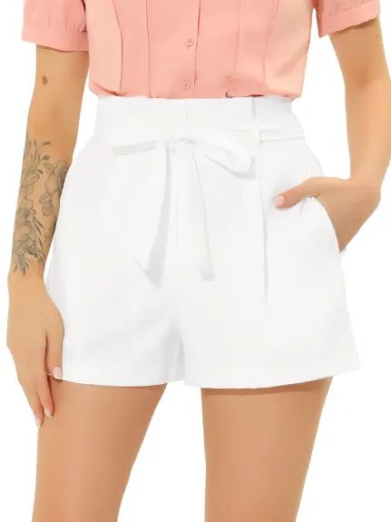 Allegra K- Bow Belt High Paper Bag Waist Shorts