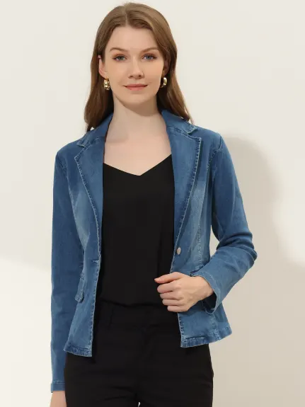 Allegra K- Notched Lapel One Button Washed Denim Blazer