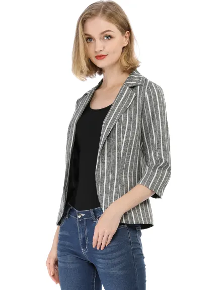 Allegra K- Casual Striped 3/4 Sleeves Open Front Notched Lapel Blazer