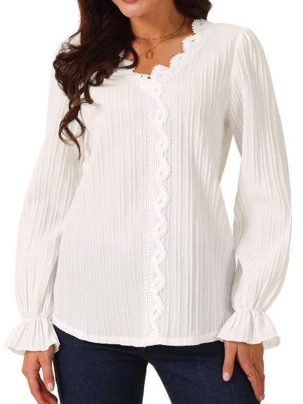 Allegra K - Lace V Neck Lantern Sleeve Casual Top