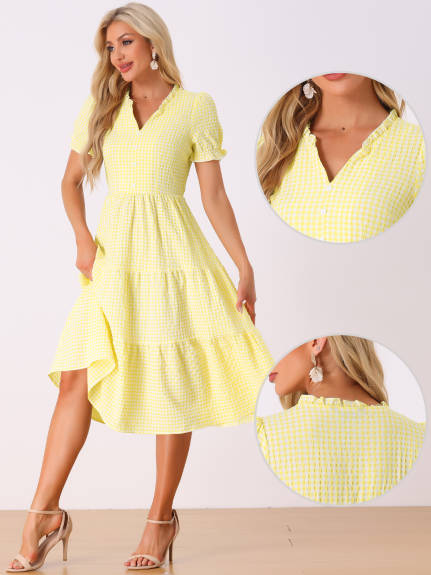 Allegra K- Gingham Ruffle Trim V Neck Button Dress