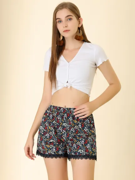 Allegra K - Elastic Waist Lace Trim Summer Floral Shorts