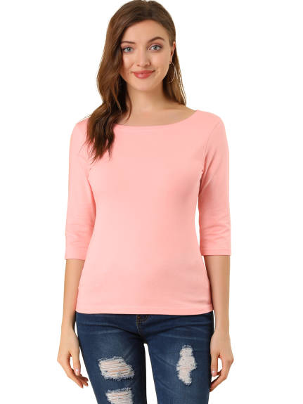 Allegra K- Elbow Sleeves Round Neck Slim Fit Tee