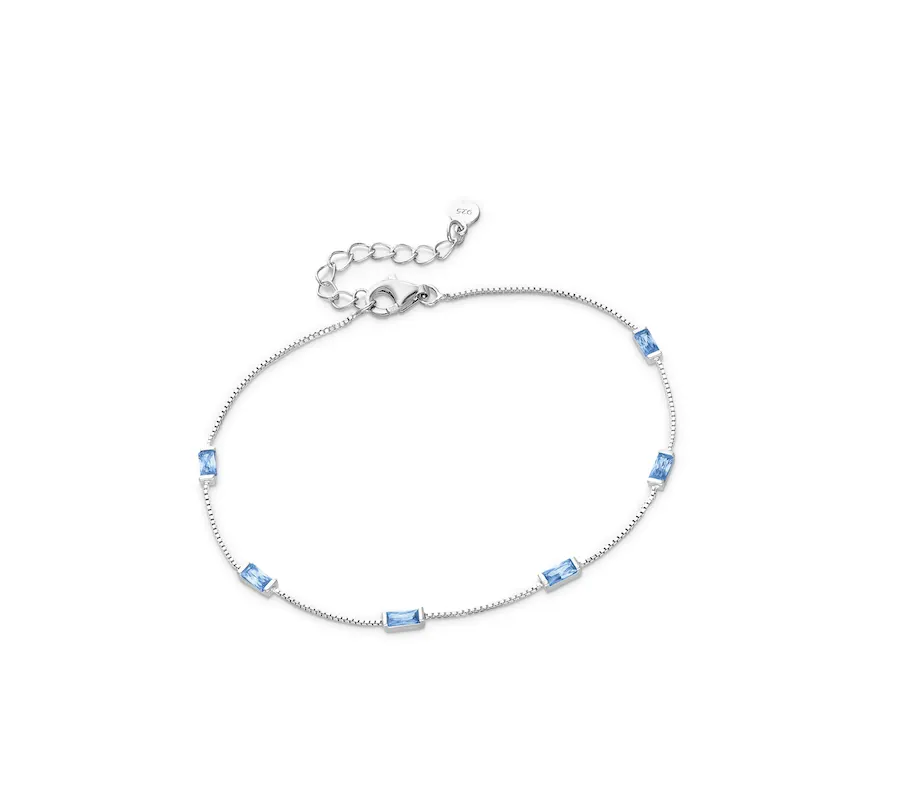 Sterling Silver Baguette Station Bracelet in Aqua Cubic Zirconia - Ag Sterling